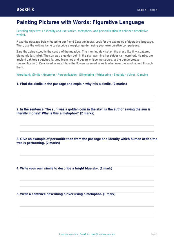 Free Figurative Language Writing Frame | Year 4 Core | BookFlik worksheet preview — English Figurative Language