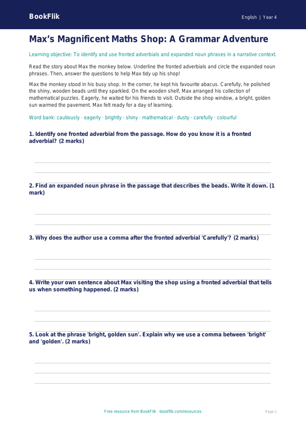 Free Grammar Activity Sheet | Year 4 Core | BookFlik worksheet preview — English Grammar