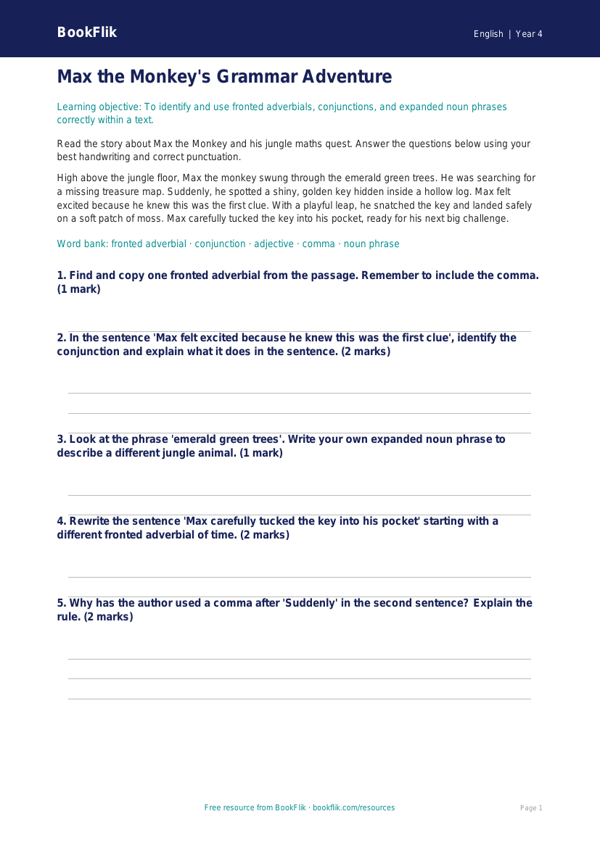 Free Grammar Assessment | Year 4 Core | BookFlik worksheet preview — English Grammar