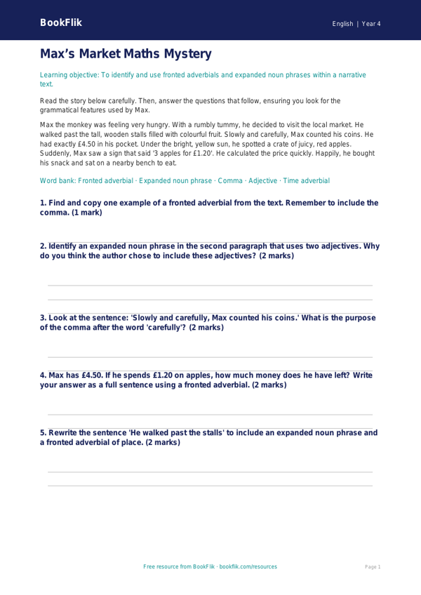 Free Grammar Comprehension Worksheet | Year 4 Core | BookFlik worksheet preview — English Grammar