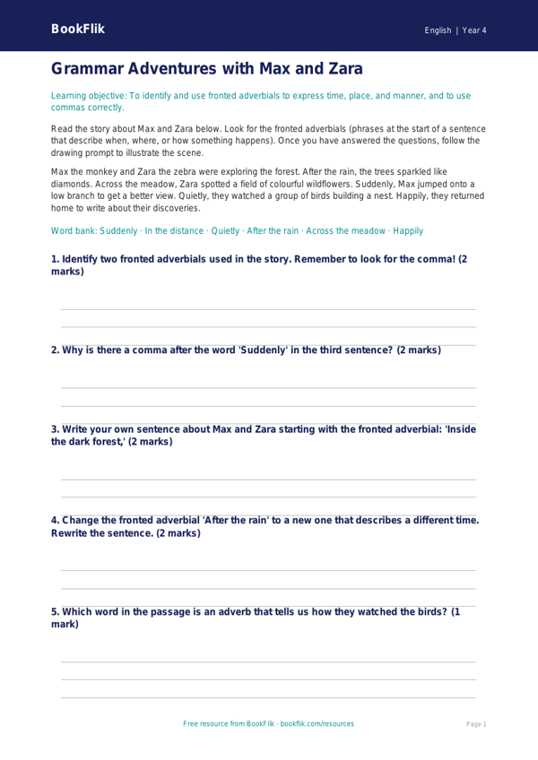 Free Grammar Drawing Sheet | Year 4 Core | BookFlik worksheet preview — English Grammar