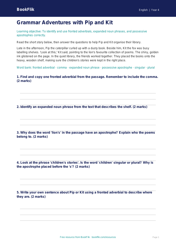 Free Grammar Flashcards | Year 4 Core | BookFlik worksheet preview — English Grammar