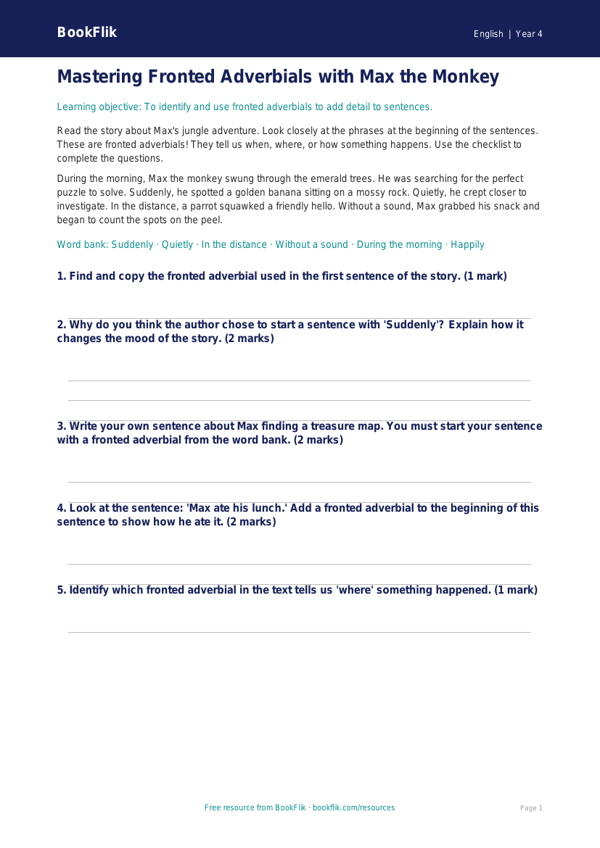 Free Grammar Poster | Year 4 Core | BookFlik worksheet preview — English Grammar