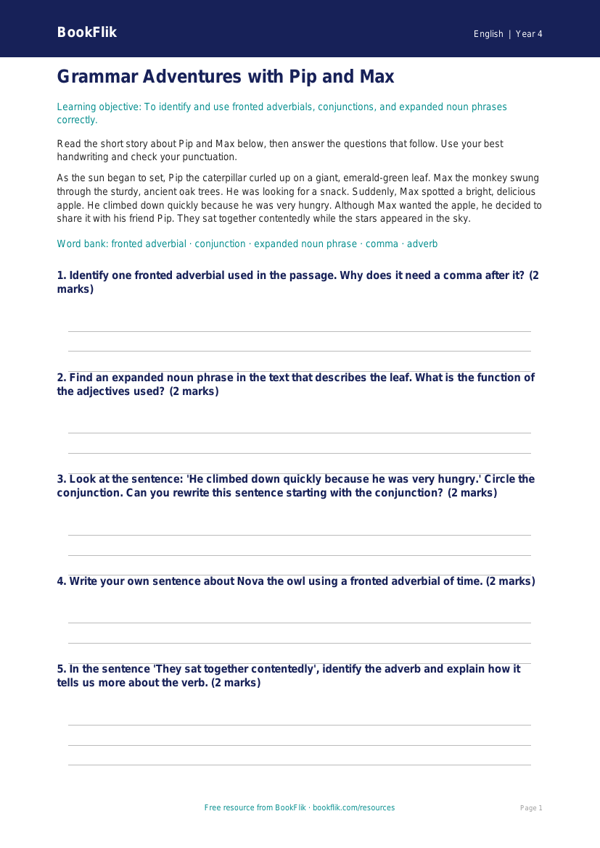 Free Grammar Quiz | Year 4 Core | BookFlik worksheet preview — English Grammar