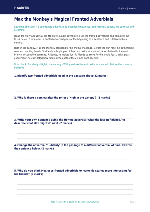 Free Grammar Worksheet | Year 4 Core Curriculum | BookFlik worksheet preview — English Grammar
