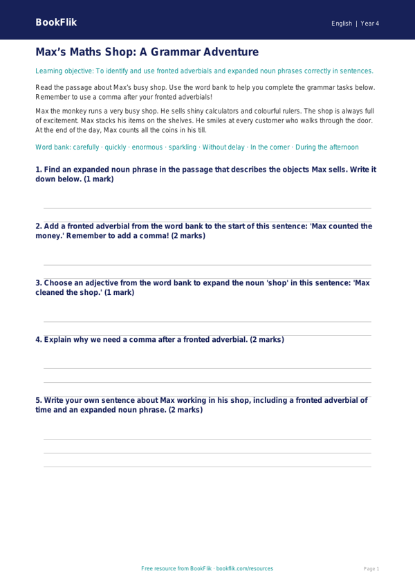 Free Grammar Track Sheet | Year 4 Core | BookFlik worksheet preview — English Grammar