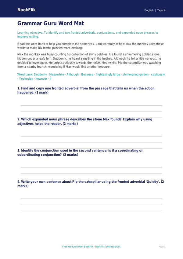 Free Grammar Word Mat | Year 4 Core | BookFlik worksheet preview — English Grammar