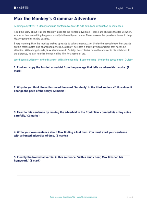 Free Grammar Worksheet | Year 4 Core | BookFlik worksheet preview — English Grammar