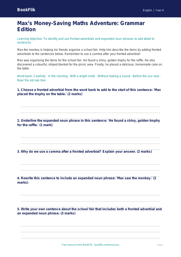 Free Grammar Writing Frame | Year 4 Core | BookFlik worksheet preview — English Grammar