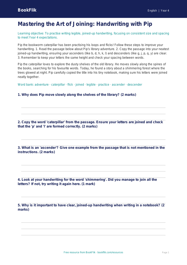 Free Handwriting Activity Sheet | Year 4 Core | BookFlik worksheet preview — English Handwriting