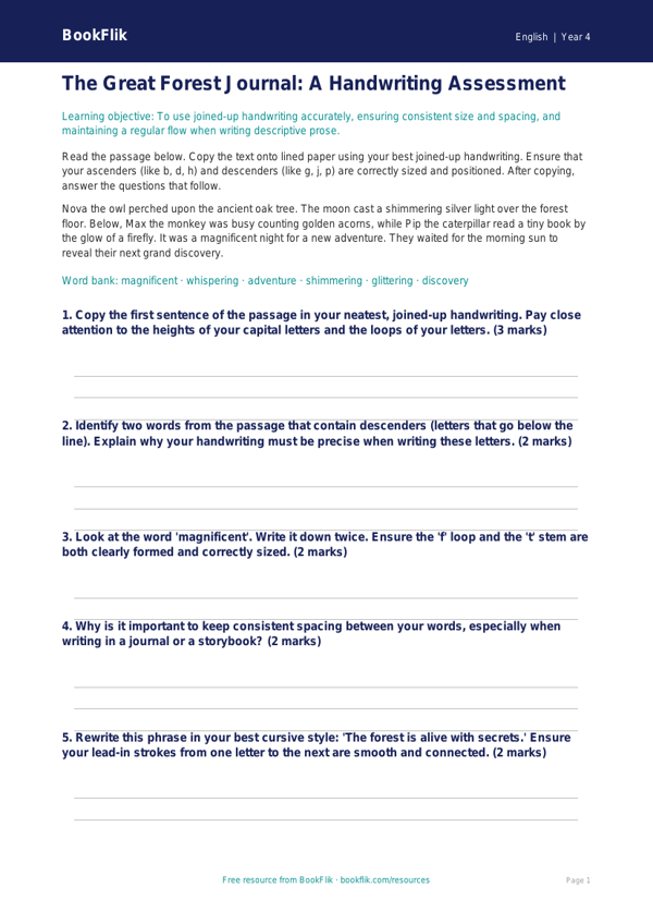 Free Handwriting Assessment | Year 4 Core | BookFlik worksheet preview — English Handwriting