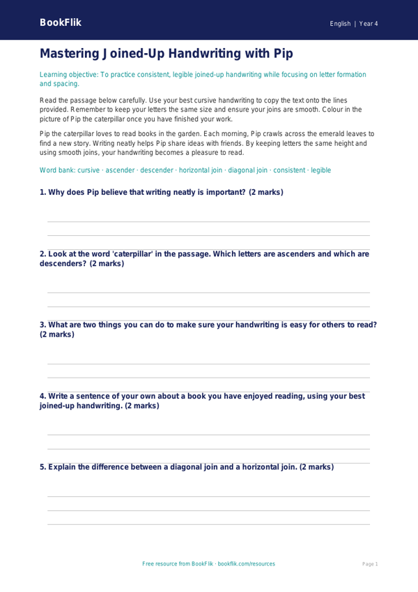 Free Handwriting Colouring Page | Year 4 Core | BookFlik worksheet preview — English Handwriting