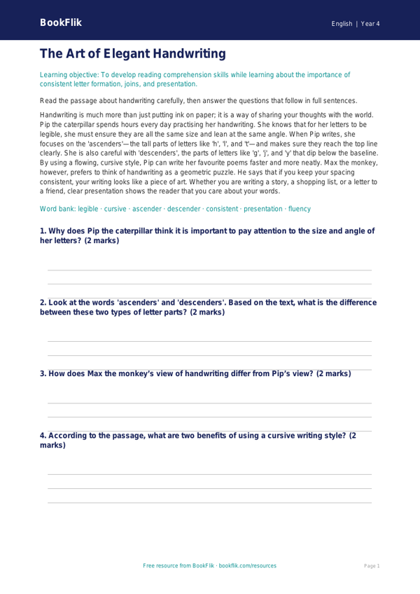Free Handwriting Comprehension | Year 4 Core | BookFlik worksheet preview — English Handwriting