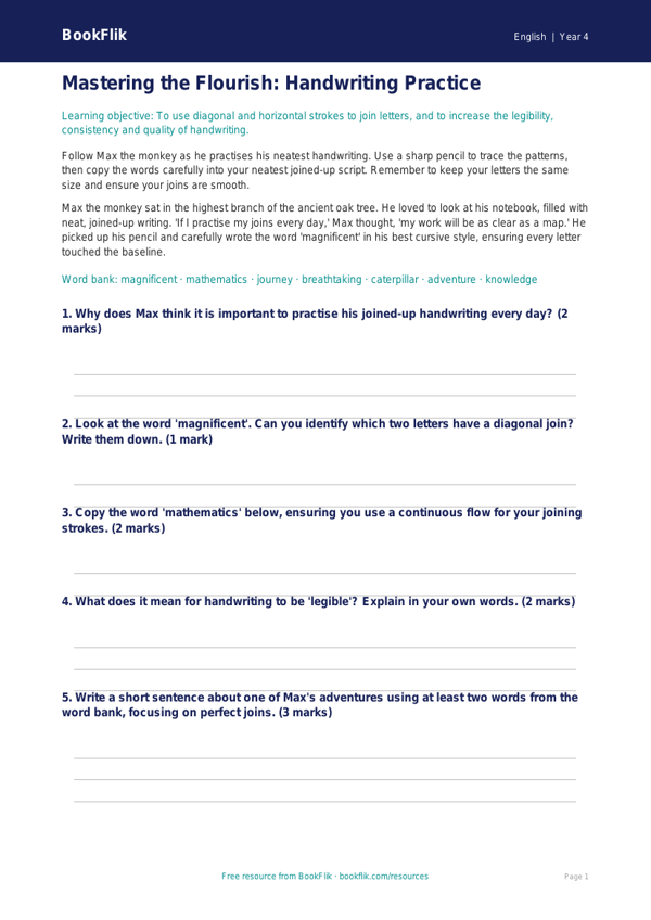 Free Handwriting Drawing Sheet | Year 4 Core | BookFlik worksheet preview — English Handwriting