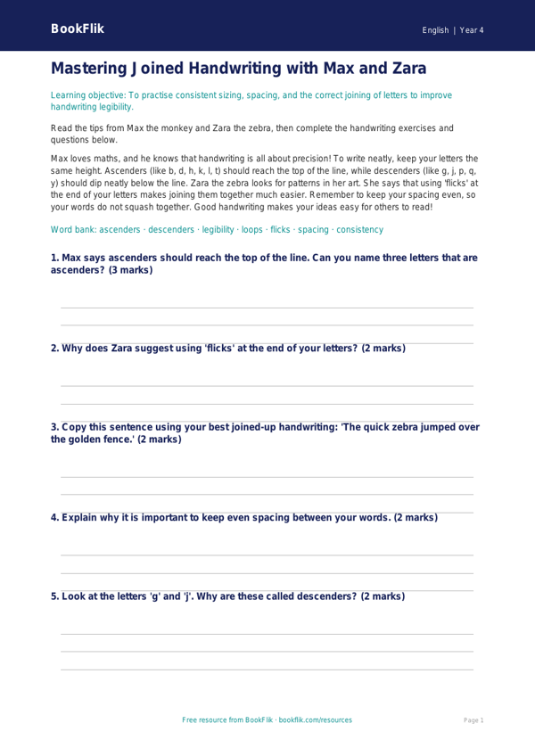 Free Handwriting Flashcards | Year 4 Core | BookFlik worksheet preview — English Handwriting