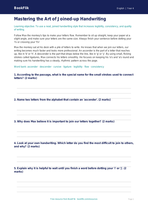 Free Handwriting Poster | Year 4 Core | BookFlik worksheet preview — English Handwriting