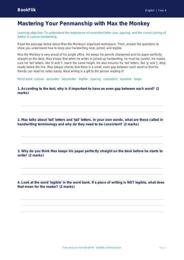 Free Handwriting Quiz | Year 4 Core | BookFlik worksheet preview — English Handwriting