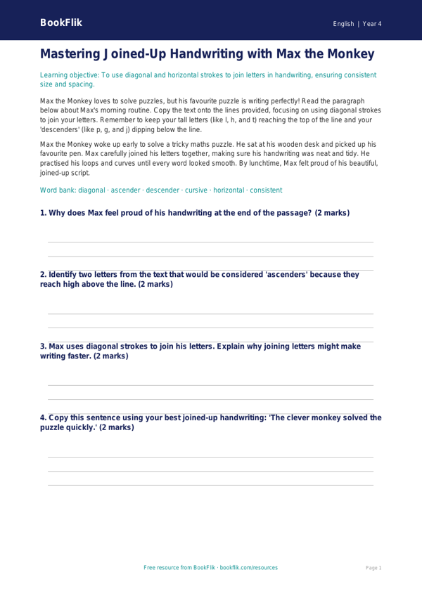 Free Handwriting Template | Year 4 Core | BookFlik worksheet preview — English Handwriting