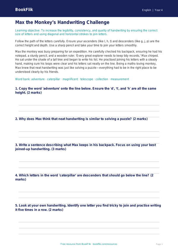 Free Handwriting Track Sheet | Year 4 Core | BookFlik worksheet preview — English Handwriting