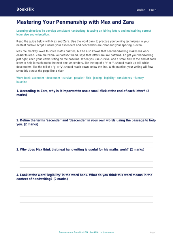 Free Handwriting Word Mat | Year 4 Core | BookFlik worksheet preview — English Handwriting