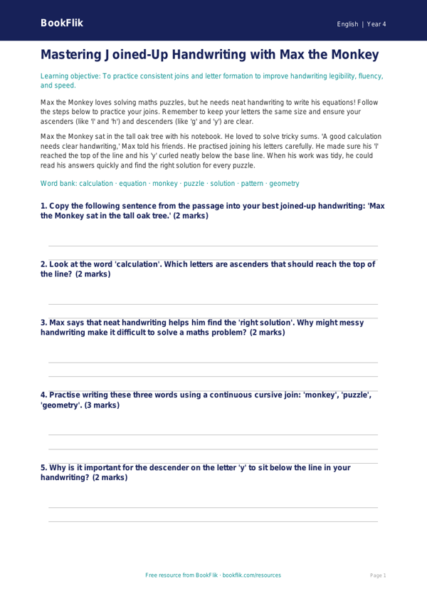 Free Handwriting Worksheet | Year 4 Core | BookFlik worksheet preview — English Handwriting