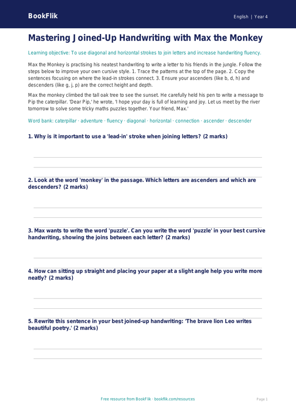 Free Handwriting Writing Frame | Year 4 Core | BookFlik worksheet preview — English Handwriting