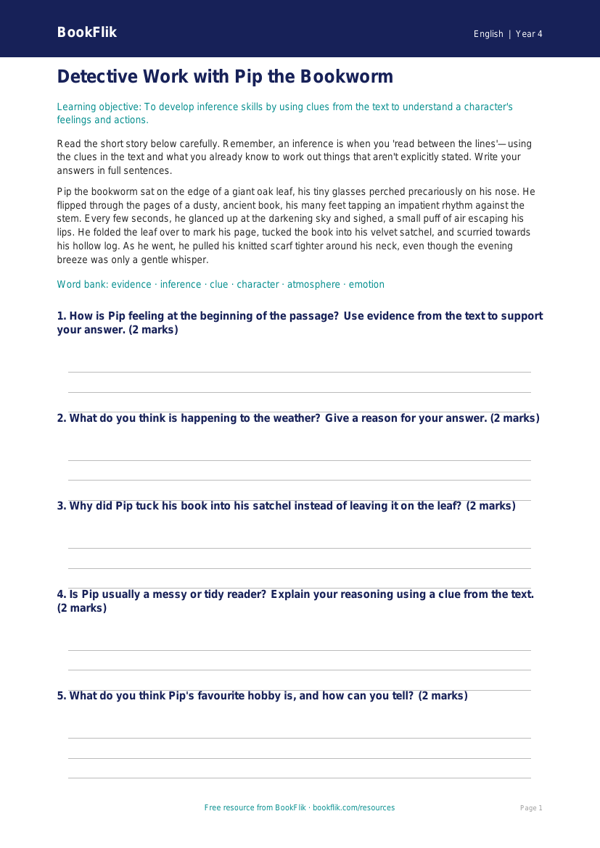 Free Inference Activity Sheet | Year 4 Core | BookFlik worksheet preview — English Inference