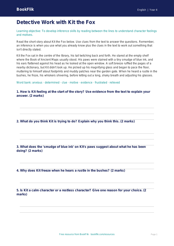 Free Inference Assessment | Year 4 Core | BookFlik worksheet preview — English Inference