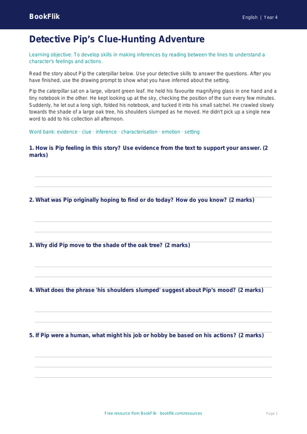Free Inference Colouring Page | Year 4 Core | BookFlik worksheet preview — English Inference
