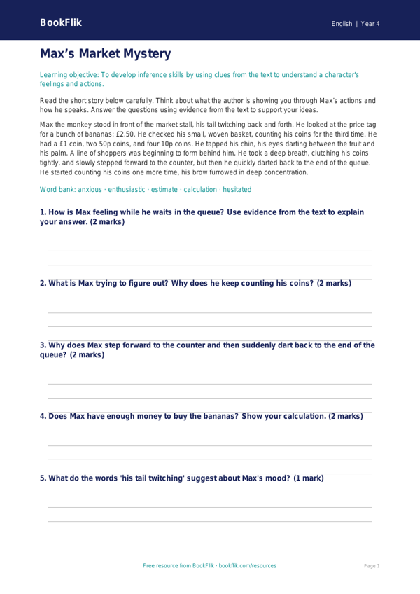 Free Inference Comprehension Worksheet | Year 4 Reading | BookFlik worksheet preview — English Inference