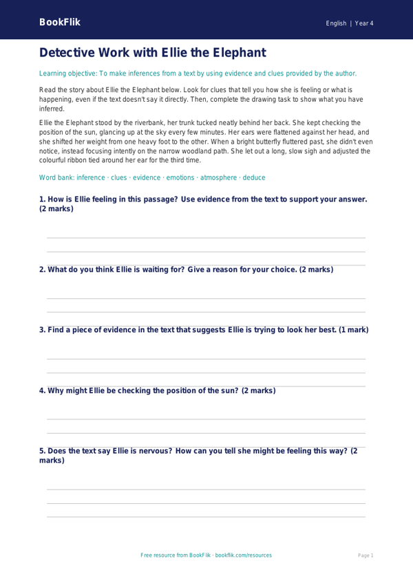 Free Inference Drawing Sheet | Year 4 Core | BookFlik worksheet preview — English Inference