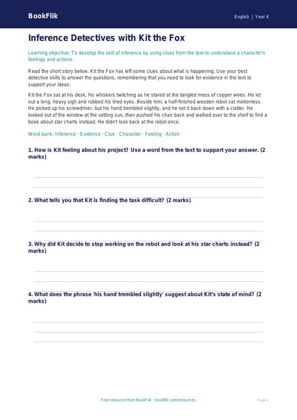Free Inference Flashcards | Year 4 Core | BookFlik worksheet preview — English Inference