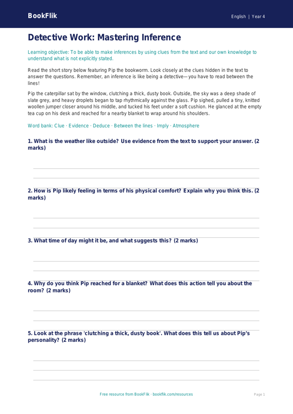 Free Inference Poster | Year 4 Core | BookFlik worksheet preview — English Inference
