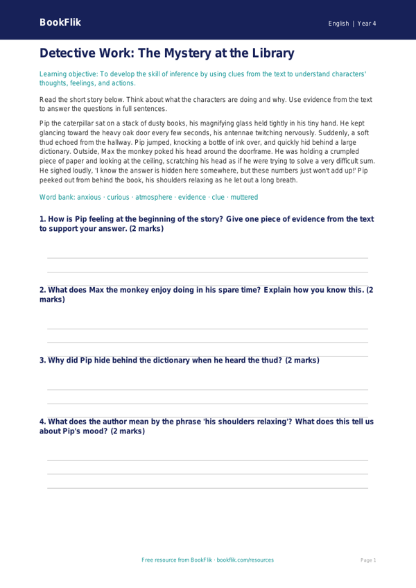 Free Inference Quiz | Year 4 Core | BookFlik worksheet preview — English Inference