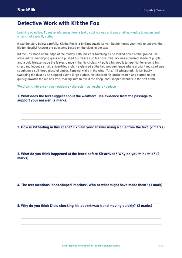 Free Inference Template | Year 4 Core | BookFlik worksheet preview — English Inference