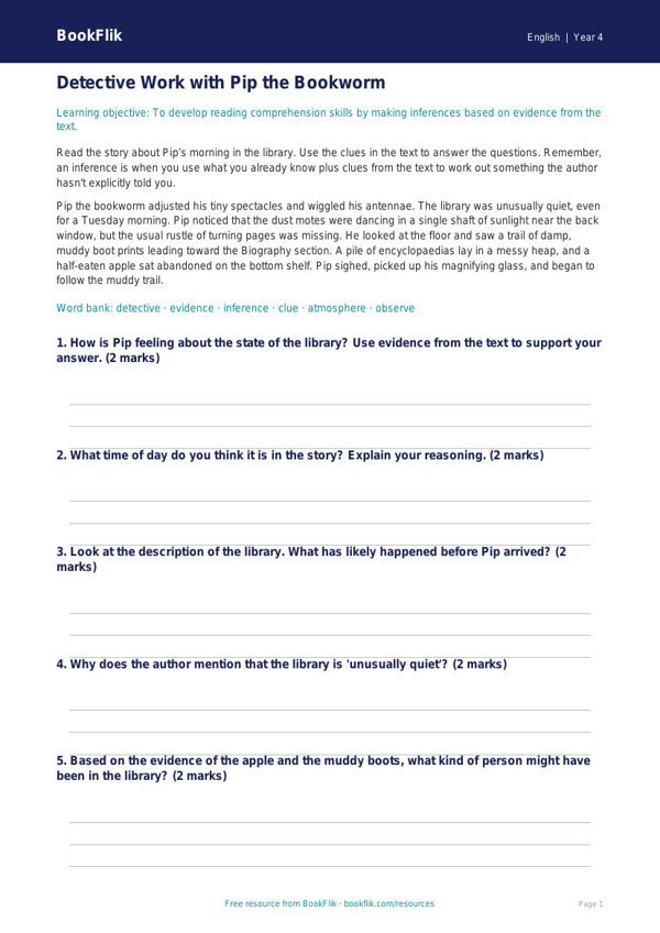 Free Inference Track Sheet | Year 4 Core | BookFlik worksheet preview — English Inference