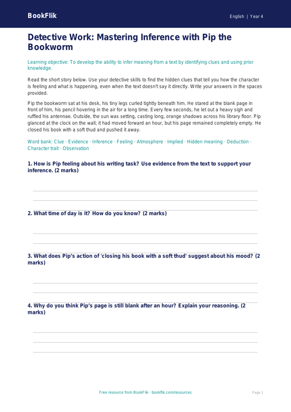 Free Inference Word Mat | Year 4 Core | BookFlik worksheet preview — English Inference