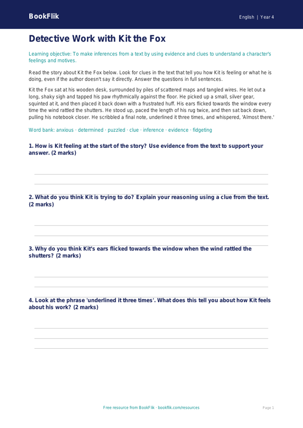Free Inference Worksheet | Year 4 Core | BookFlik worksheet preview — English Inference