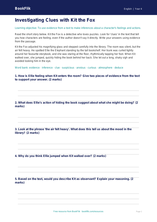 Free Inference Writing Frame | Year 4 Core | BookFlik worksheet preview — English Inference