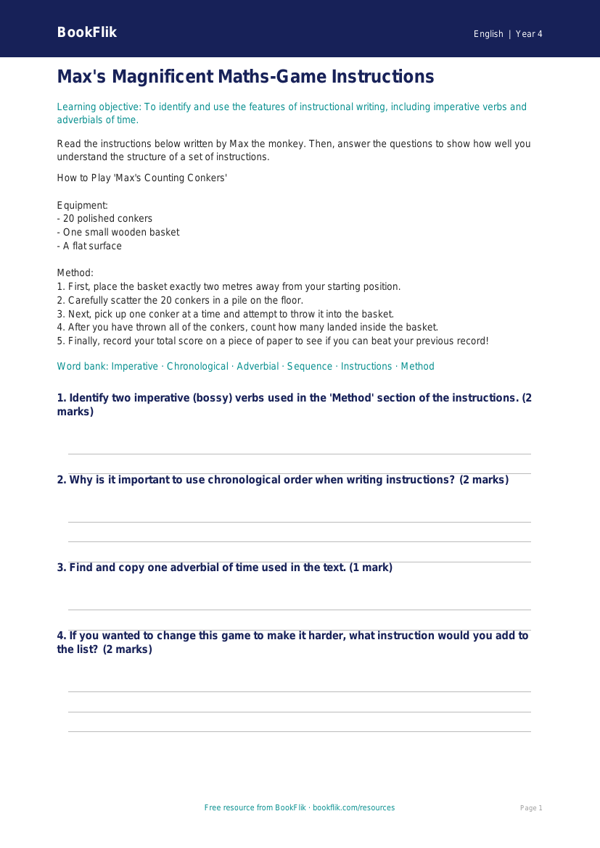 Free Instructions Activity Sheet | Year 4 Core | BookFlik worksheet preview — English Instructions