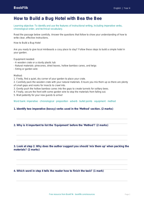 Free Instructions Assessment | Year 4 Core | BookFlik worksheet preview — English Instructions