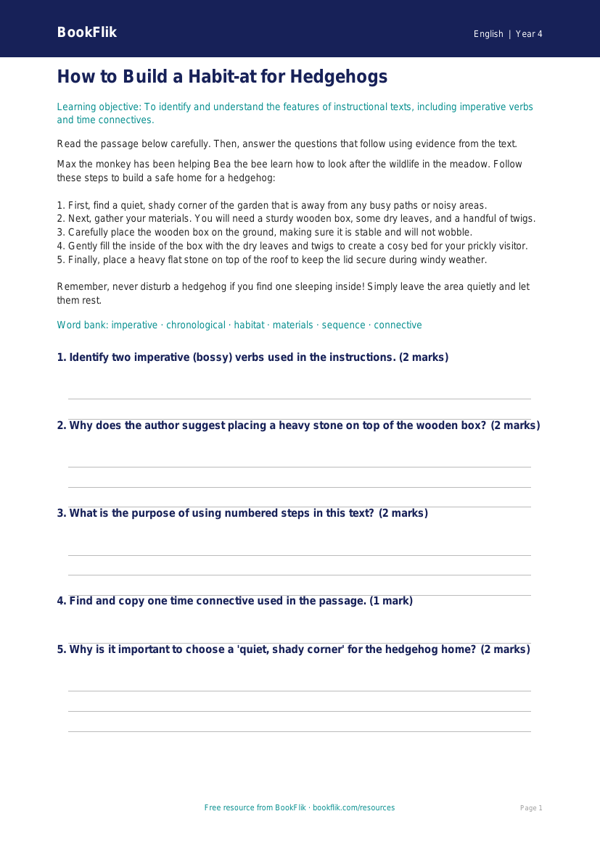Free Instructions Comprehension | Year 4 Core | BookFlik worksheet preview — English Instructions