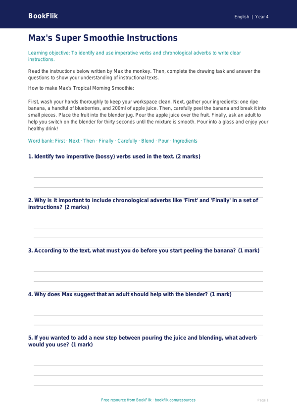 Free Instructions Drawing Sheet | Year 4 Core | BookFlik worksheet preview — English Instructions