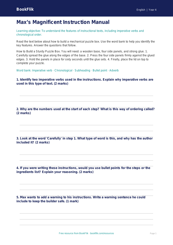 Free Instructions Flashcards | Year 4 Core | BookFlik worksheet preview — English Instructions