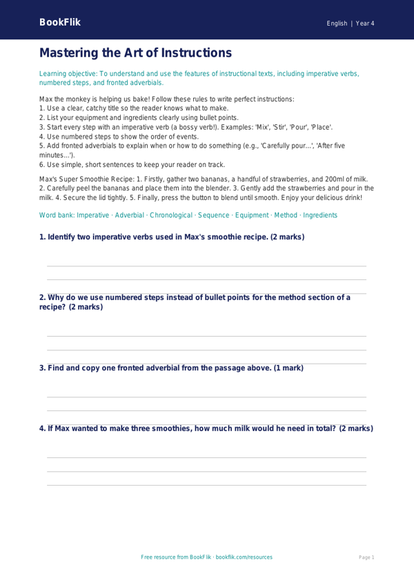 Free Instructions Poster | Year 4 Core | BookFlik worksheet preview — English Instructions