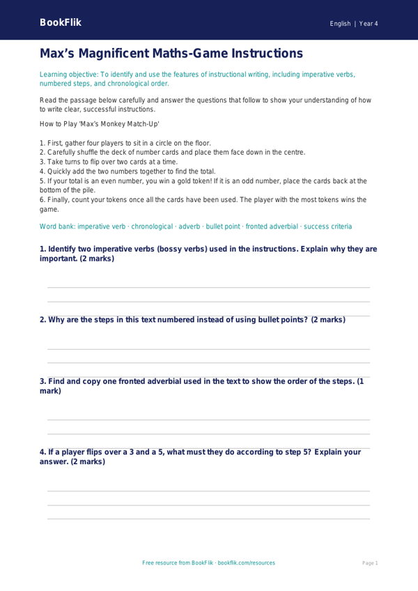 Free Instructions Quiz | Year 4 Core | BookFlik worksheet preview — English Instructions