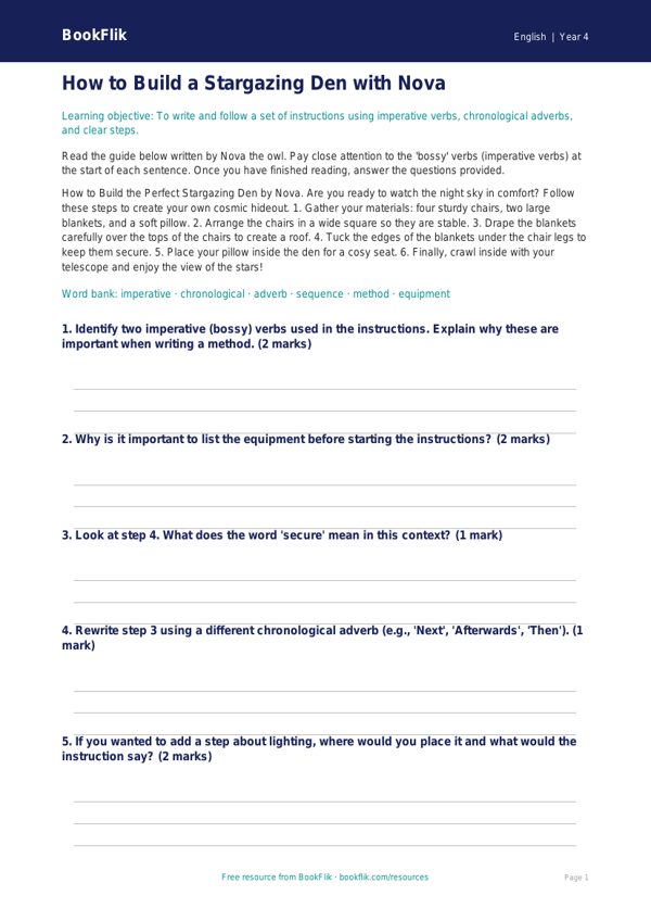 Free Instructions Template | Year 4 Core | BookFlik worksheet preview — English Instructions