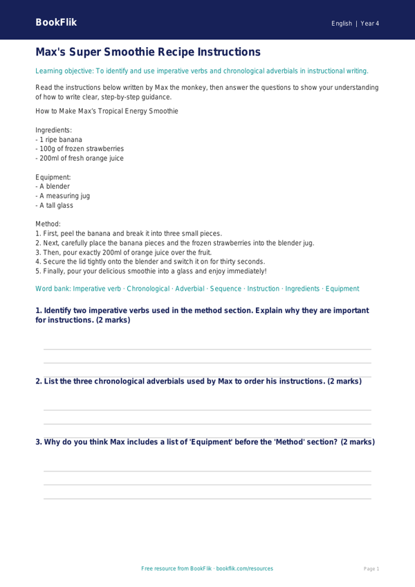 Free Instructions Track Sheet | Year 4 Core | BookFlik worksheet preview — English Instructions