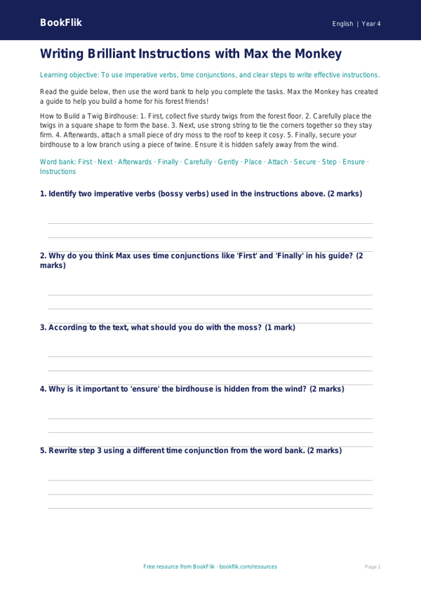 Free Instructions Word Mat | Year 4 Core | BookFlik worksheet preview — English Instructions