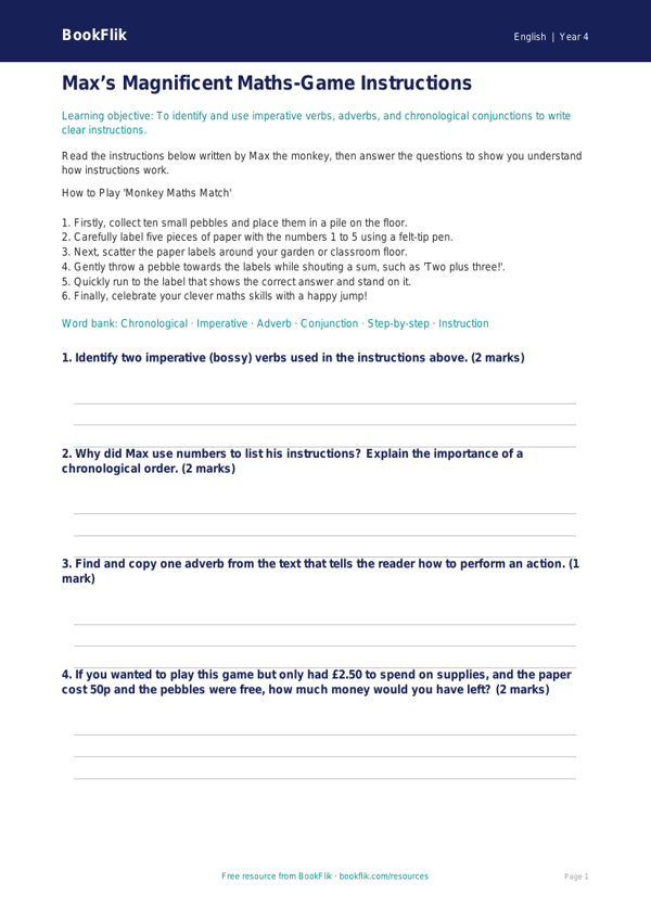 Free Instructions Worksheet | Year 4 Core | BookFlik worksheet preview — English Instructions